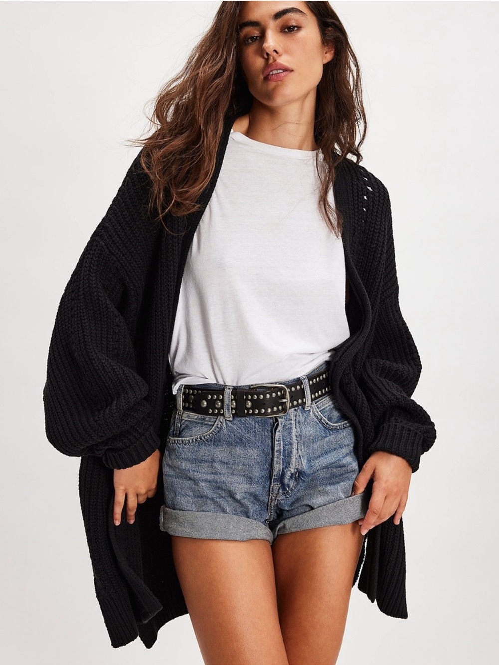 Free People Nightingale Cardigan Oversized Size Small Black Cotton Blend Open
